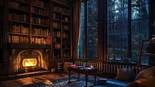 Winter Bookstore Ambience with Muffled Relaxing Jazz Music & Rain Sounds and Crackling Fireplace