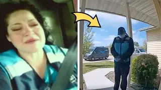 Delivery driver pauses at doorstep then runs away, mother checks footage and freezes