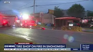 Tire shop on fire in Snohomish, Washington
