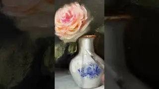 Still life floral oil painting in blue and white antique vase by artist Carolina Elizabeth fine art