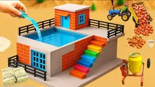 Building  Mini Tractor House - Brick Walls & Rooftop Pool | DIY Construction Science Project