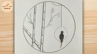 How to draw | Bird drawing in a circle hanging on a bamboo tree | easy drawing