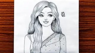 Traditional girl with butterfly drawing/Bride drawing/Saree drawing/Girl drawing/Pencil Sketch