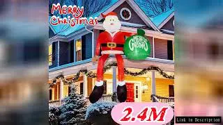 8FT Christmas Inflatable Sitting Santa Holding Gift Bags Built-in LED Lights Outdoor Home Cafe Decor