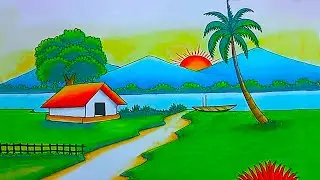 How to draw beautiful riverside mountain landscape village scenery step by step drawing with Sunset