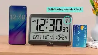 WallarGe Atomic Digital Wall Clock Battery Operated, Self-Setting, Large Display with Temperature