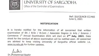 New Notification of UOS regarding B.A/BSc Examination 2021
