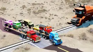 Double Flatbed Trailer Mack Truck vs King Dinoco Truck vs Train - Beamng.Drive