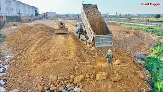 Incredible! Land Fill, Skill Operator Pushing Rock, Dump Truck Unloading Stone, Processing Landfill