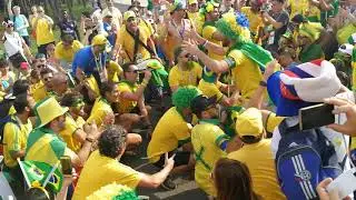 Brazilian fans at the 2018 World Cup in Russia, Samara Arena stadium.