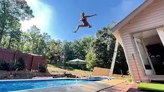Roof Top Jump into Pool Swimming Climbing Ladder - Hot Asphalt Shingles 🔥 Water Heather Feather
