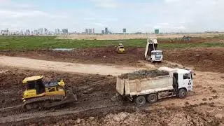 Unexpected Extremely Skills Operator Strong Power Bulldozer Moving Rolling Dirt Mud Land Filling Up