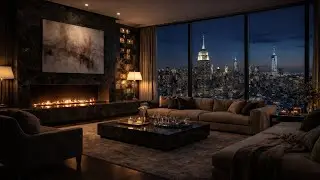 NYC Penthouse Rain 🌧️ Fireplace Crackling 🔥 Empire State Building | 2 Hours Ambient Sounds