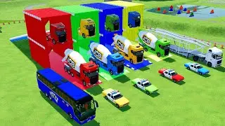 TRANSPORTING COLORFULL DUMP TRUCK, MIXER TRUCK ,CEMENT TRUCK. WHEEL LOADER, BUS TO GARAGE-  - FS22