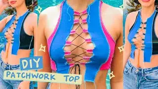 DIY Trendy Y2K Patchwork Lace Up Top | Beginner Friendly T-Shirt Thrift Flip | Easy Sewing Tutorial