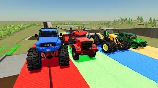 Transporting colorful tractors Speed Ramps Monster Truck  & cars Crash - Farming Simulator 22
