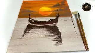 Acrylic Painting of a boat on calm water during a sunset/ Step by step