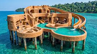 Building a Luxury Stilt House Over the Sea with Multi-Level Pool & Carved Stone Using Primitive Tool