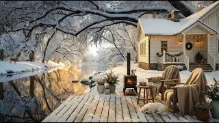 Cozy Winter Riverside Porch 🔥 Fireplace Crackling, Cabin Comfort & Nature Ambience