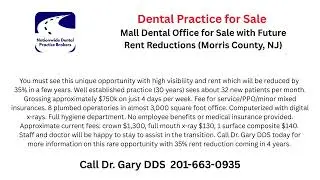 Morris County NJ Mall Dental Office For Sale With Future Rent Reductions