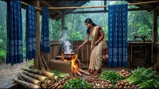 Heavy Rain Monsoon! Harvesting Wild Indigo & Making Blue Dye Process | Bamboo Shoot Curry