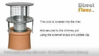 Installing flue liner and insulating chimney - using pot hanging clamp and cowl