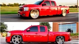 Lowered Chevy Silverado 1500 Extended cab with tubs on 26s Gianelle wheels and a 8/10 drop.