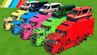 LOAD & TRANSPORTING EMERGENCY CARS TO COLORED RAMPS WITH TRUCKS Farming Simulator 22 | FarmYA