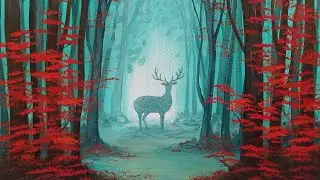 Easy Beginner Tutorial Autumn Forest Landscape with Deer Silhouette Acrylic Painting LIVE