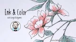 Tree Flowers with Colored Pencils - Speed Drawing | Ink & Color