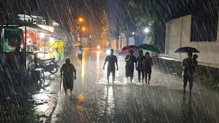 Heavy Rain Pours Through City Streets at Night — Walking Along Quiet Urban Roads