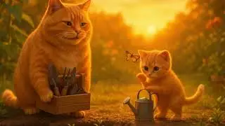Garden Helpers &ndash; Fat Orange Cat and Kitten Grow Flowers Together