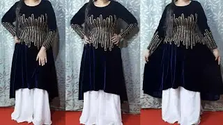 Designer Gota Patti Velvet kurti/Frock Cutting  Stitching/DIY Party Wear High Low Velvet Dress/Kurti