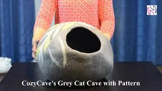 CozyCave Handmade Felt Cat Cave - Grey With Pattern by Nepali Artisans