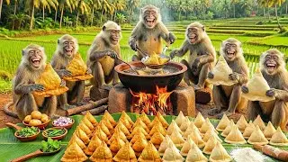 ہے👇بंदरों ने मिलकर बनाए आलू वाले समोसे और चटनी।Monkeys Together Made Aloo Samosa and Chutney |