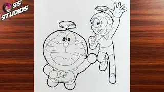 How to draw Doraemon and Nobita flying with bamboo copter