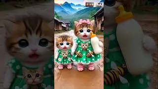 Beautiful Green White dot Dress Two Baby Cute Cat🥰😍 Walking Dancing 🍸🥛Kitty 409 #dudidudidam #shorts
