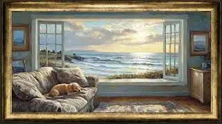 Summer Beach Home ~ rustic vintage oil painting ~ gold frame tv art screensaver