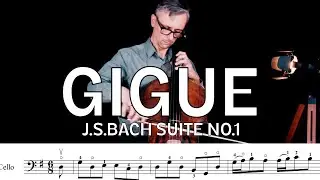 Bach Cello Suite no 1 Gigue with Sheet Music on Screen