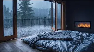 Raindrops tapped against the corner window, creating a warm and comfortable bedroom atmosphere#sleep