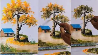 007 - How to Paint Autumn Birch Trees in Front of a House | Acrylic on Paper Tutorial