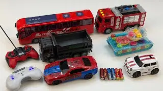 Unboxing RC toy cars: red bus, transport truck, drift racing car, fire truck, racing car, 3D tank