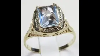 Antique 1920's Aquamarine Ostby Barton 14KY Filigree Ring Size 6 UK-L1/2 www.antiquejewelryco.com