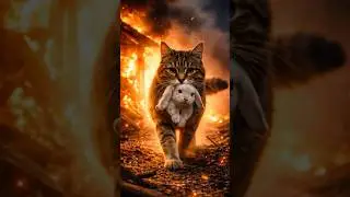Hero Cat Rescues a Rabbit from a Massive Fire 🔥🐱 #HeroAnimal#CatRescue#AnimalRescue#CinematicAI