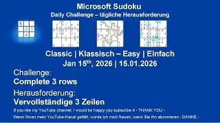 Sudoku Daily Challenges | Classic - Easy | Jan 15th, 2026