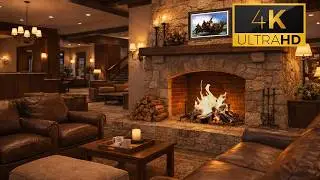 3 Hours of Cozy Fireplace Crackling in Hotel Lobby | Ambient 4K Background