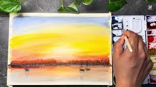 Peaceful Sunset Lake Watercolor | Calm Boats and Reflection