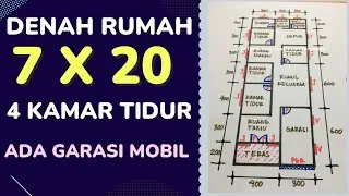 Desain Denah Rumah 7x20 4 Kamar Tidur 1 Lantai Yang Bagus dan Ada Garasi Mobil