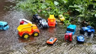 Collecting toys that were washed away by the rain.
