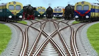 7 Trains Crossing At Bumpy Curves Realistic Railroad Crossing Tracks || train videos | train games